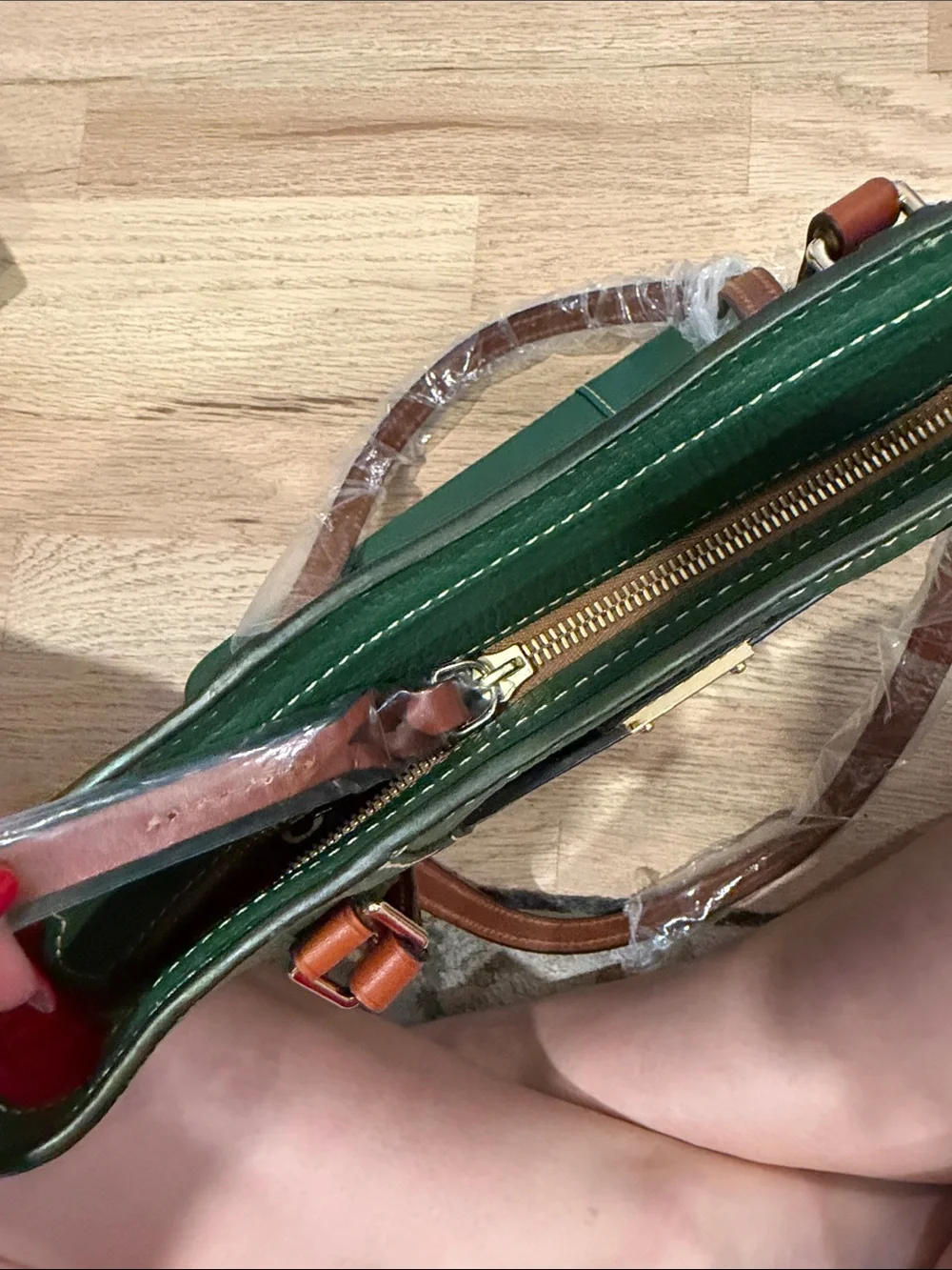 Dooney & Bourke Green Pebbled Leather Tote with Brown Straps